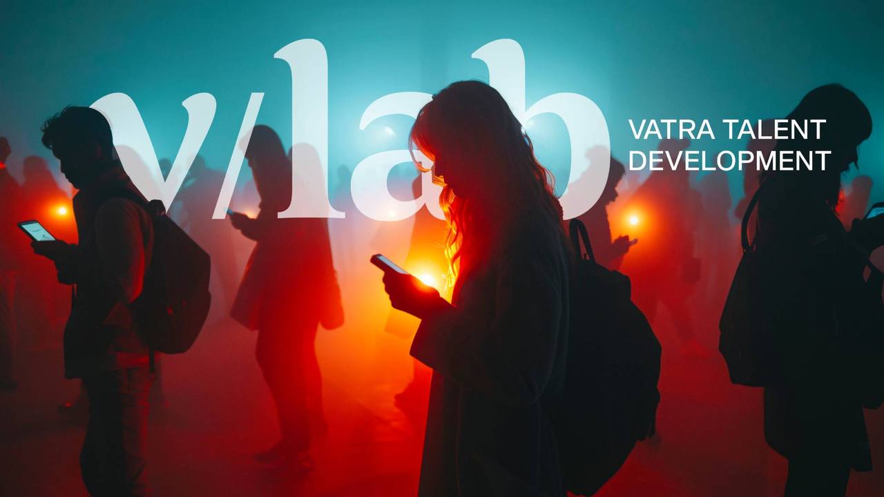 صور ظلية لأشخاص ينظرون إلى هواتفهم تحت شعار v/lab، Vatra Talent Development